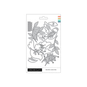 Concord & 9th Peaceful Dove Dies set in its retail packaging, featuring a white card with gray metal die-cut outlines of doves, leaves, and berries, with a small rainbow color strip on the top right.