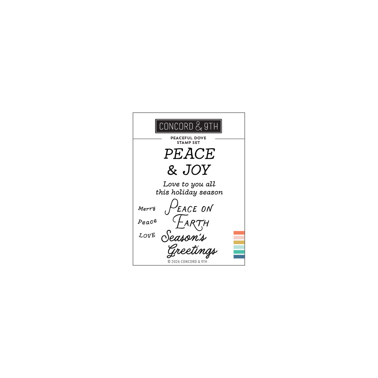 Concord & 9th 'Peace & Joy' stamp set packaging, featuring black typographic holiday designs and a small rainbow stripe accent on a white background.