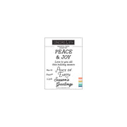 Concord & 9th 'Peace & Joy' stamp set packaging, featuring black typographic holiday designs and a small rainbow stripe accent on a white background.
