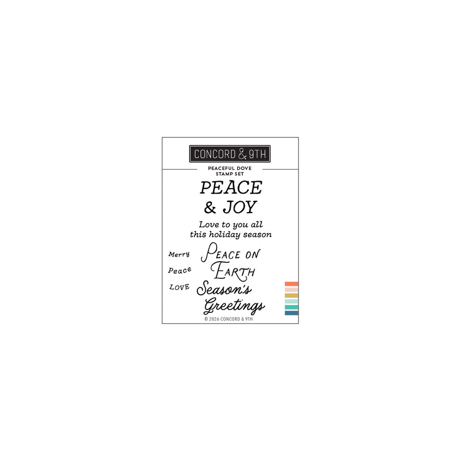 Concord & 9th 'Peace & Joy' stamp set packaging, featuring black typographic holiday designs and a small rainbow stripe accent on a white background.