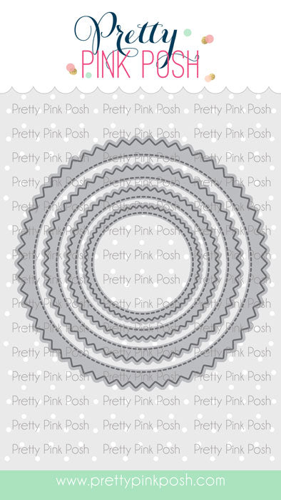 A product listing graphic for a craft die set by Pretty Pink Posh. The center shows a circular arrangement of layered scalloped metal dies in gray and silver tones. Pretty Pink Posh Pinking Circles Dies