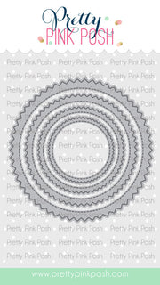 A product listing graphic for a craft die set by Pretty Pink Posh. The center shows a circular arrangement of layered scalloped metal dies in gray and silver tones. Pretty Pink Posh Pinking Circles Dies