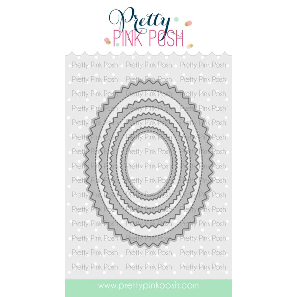 A sheet of concentric scalloped oval metal dies from Pretty Pink Posh called Pinking Ovals, shown on a white background with the brand name and website printed at the top and bottom.