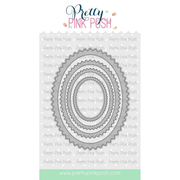 A sheet of concentric scalloped oval metal dies from Pretty Pink Posh called Pinking Ovals, shown on a white background with the brand name and website printed at the top and bottom.