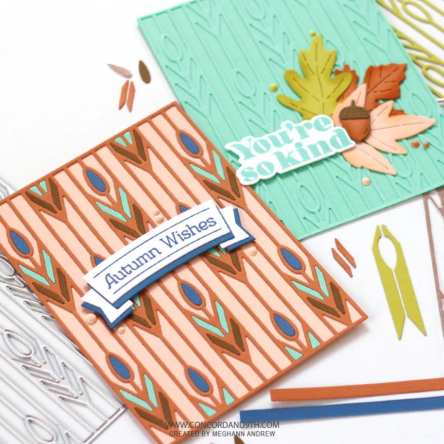 Two handmade greeting cards displayed on a white background, one with a peach and brown striped pattern and blue-green leaf motifs reading 'Autumn Wishes,' and the other in mint green with embossed leaf texture and layered autumn leaves reading 'You're so kind.' Crafting tools and paper scraps are visible around them.