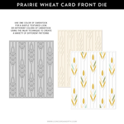 A product information graphic for a Prairie Wheat Card Front Die by Concord and 9th. The graphic features a black header with white text, followed by instructions and three sample card designs showing different wheat patterns in gray, beige, and white with gold and sage green accents.