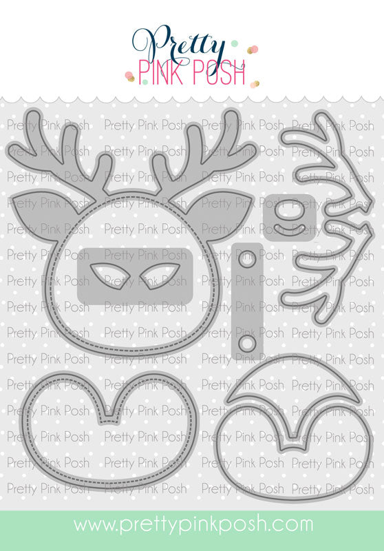 A set of metal die-cut craft shapes for a reindeer face, antlers, and a bell, shown on a white background with a repeating 'Pretty Pink Posh' watermark. The brand name 'Pretty Pink Posh' is displayed at the top. Pretty Pink Posh Reindeer Face Shaker