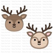 Two cartoon reindeer head clipart designs on a white background with a repeating 'Pretty Pink Posh' watermark. One reindeer is medium brown and the other is light beige, both with dark brown antlers and pink inner ears. Pretty Pink Posh Reindeer Face Shaker