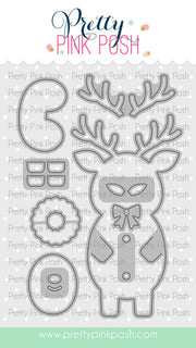 A sheet of craft dies from Pretty Pink Posh, featuring a large reindeer outline with antlers, a bow, and smaller holiday-themed shapes on a white background with a repeating watermark. Pretty Pink Posh Reindeer Holder
