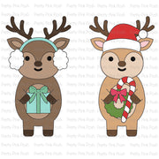 Two cute cartoon reindeer holiday illustrations on a white background with a repeating 'Pretty Pink Posh' watermark. The left reindeer wears white earmuffs and a light blue headband, holding a mint green gift box. Pretty Pink Posh Reindeer Holder