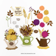 A collection of autumn-themed digital clipart elements including watermelons, wheat stalks, and flowers in warm colors like yellow, orange, purple, and brown, displayed on a clean white background with the text 'Thankful thoughts'.