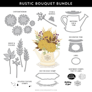 A digital preview sheet for a rustic bouquet bundle stamp set by Concord and 9th, showing line-art designs of chrysanthemums, wheat, berries, a watering can, decorative trim, dolly stamp frames, sentiment stamps, and floral arrangements on a white background with a black header.