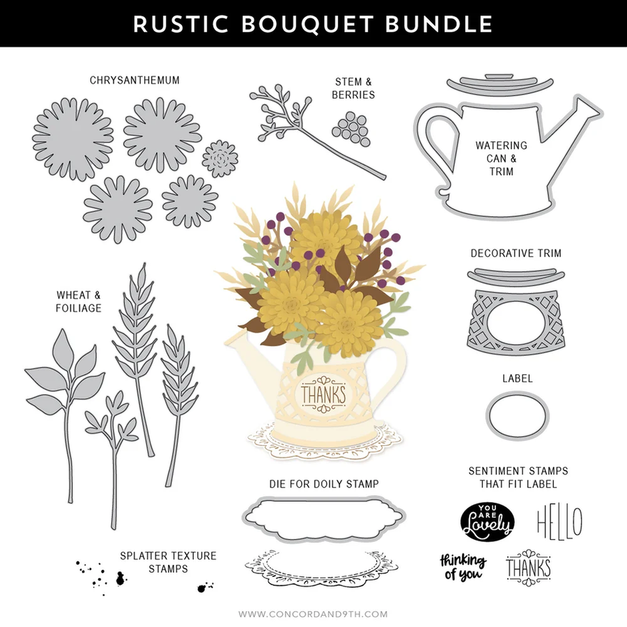 A digital preview sheet for a rustic bouquet bundle stamp set by Concord and 9th, showing line-art designs of chrysanthemums, wheat, berries, a watering can, decorative trim, dolly stamp frames, sentiment stamps, and floral arrangements on a white background with a black header.