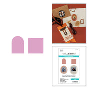 Spellbinders Cutting Dies product display featuring two pink arch-shaped and square die templates on the left, a styled flat-lay of craft dies on a terracotta background on the top right, and the Spellbinders product packaging on the bottom right for Spellbinders 3D Photo & Floral Arch Frame Inserts Etched Dies