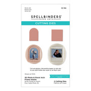 Spellbinders Paper Arts Cutting Dies product packaging for 3D Photo & Floral Arch Frame Inserts Etched Dies, featuring two rose pink cutting dies and sample photo frames on a white background.
