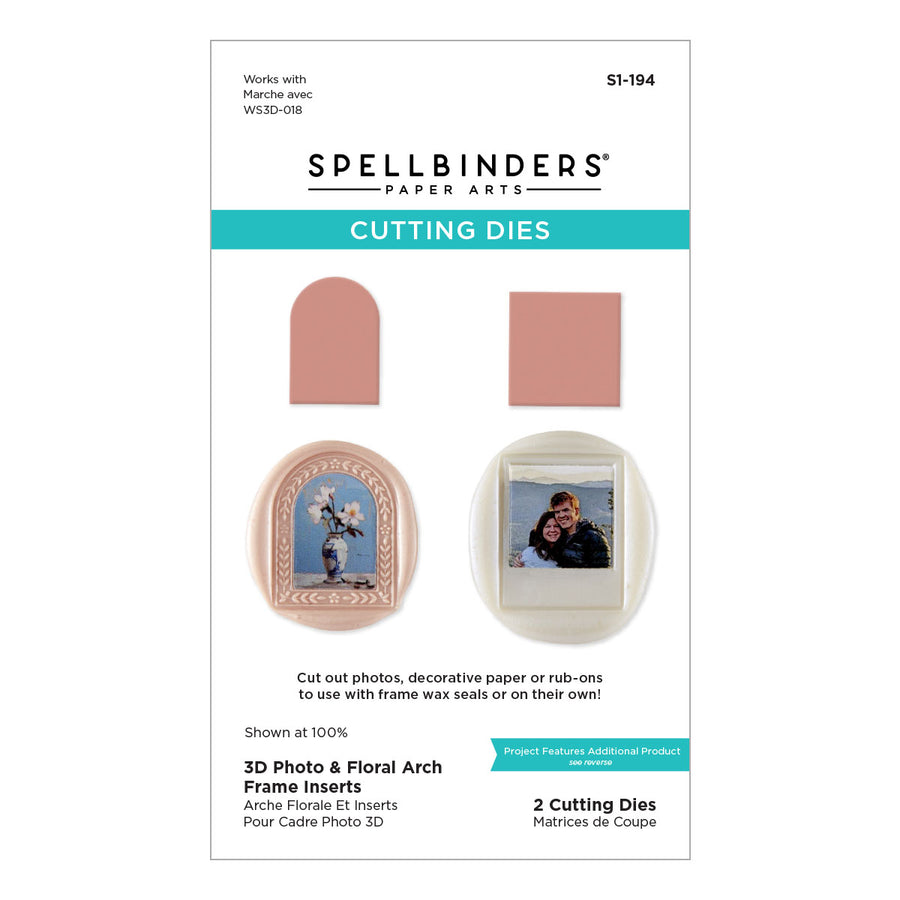 Spellbinders Paper Arts Cutting Dies product packaging for 3D Photo & Floral Arch Frame Inserts Etched Dies, featuring two rose pink cutting dies and sample photo frames on a white background.