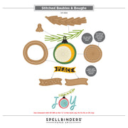 A flat lay product diagram for Spellbinders 'Stitched Baubles & Boughs' (S5-584) showing various paper craft components including a pine branch, ornament, circular pieces, banners, and a 'JOY' ornament, with printed instructions and the Spellbinders brand logo.