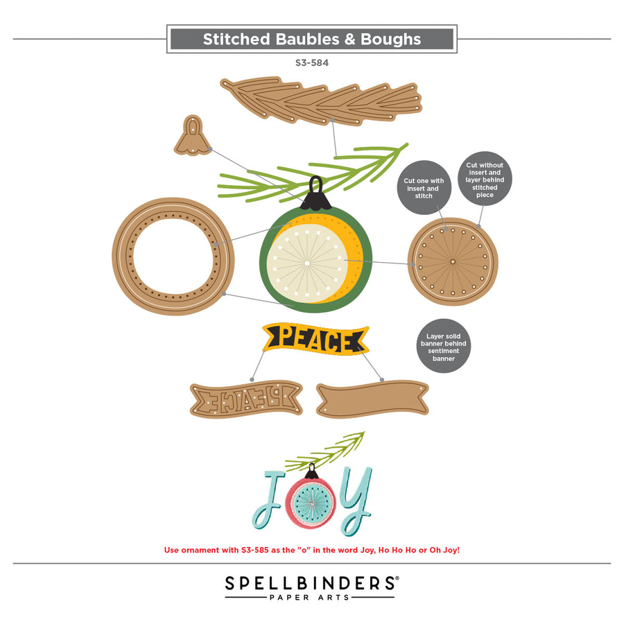 A flat lay product diagram for Spellbinders 'Stitched Baubles & Boughs' (S5-584) showing various paper craft components including a pine branch, ornament, circular pieces, banners, and a 'JOY' ornament, with printed instructions and the Spellbinders brand logo.