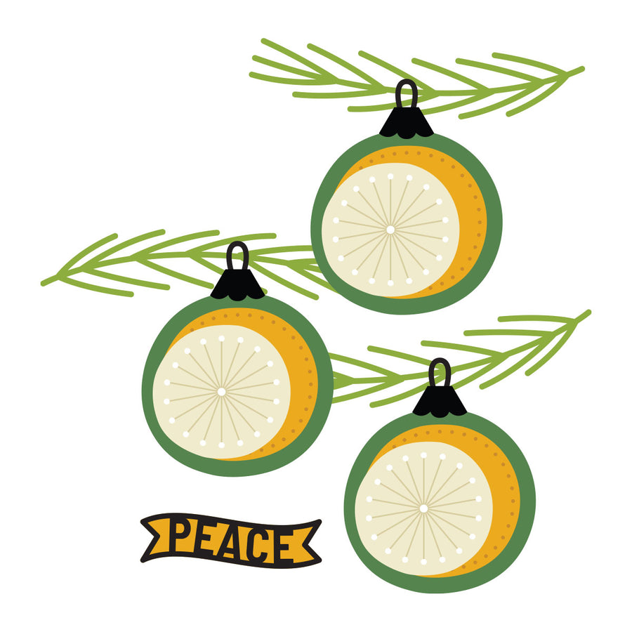 Three stylized cChristmas ornaments with green pine branches and a yellow banner reading “PEACE” on a white background. Spellbinders Stitched Baubles & Boughs Etched Dies
