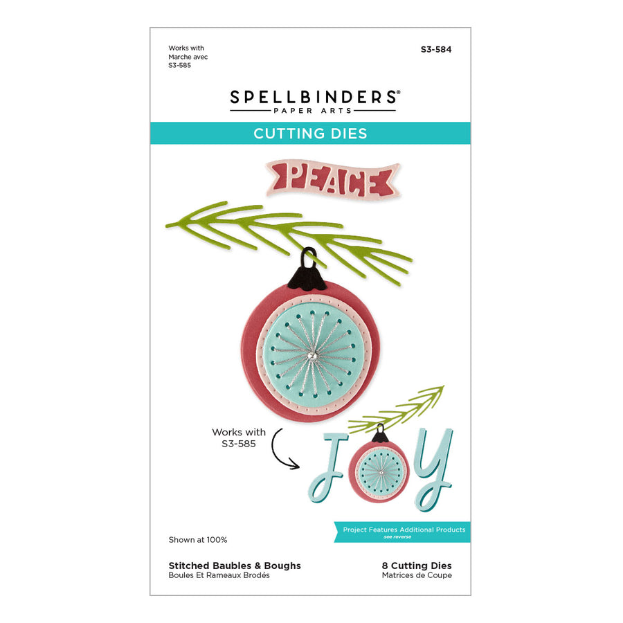 Spellbinders Paper Arts Cutting Dies product packaging, model S3-584, featuring holiday-themed illustrations of a stitched bauble, a banner reading 'J-PAIME', and the word 'JOY' on a white background. Spellbinders Stitched Baubles & Boughs Etched Dies