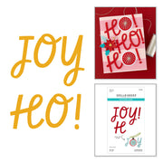 A collage showing a large yellow 'Joy HO!' script sample on the left, a small handmade greeting card with red 'HO! HO! HO!' lettering and decorative elements on the top right, and a Spellbinders package on the bottom right. Spellbinders Oh Joy! Etched Stitching Dies