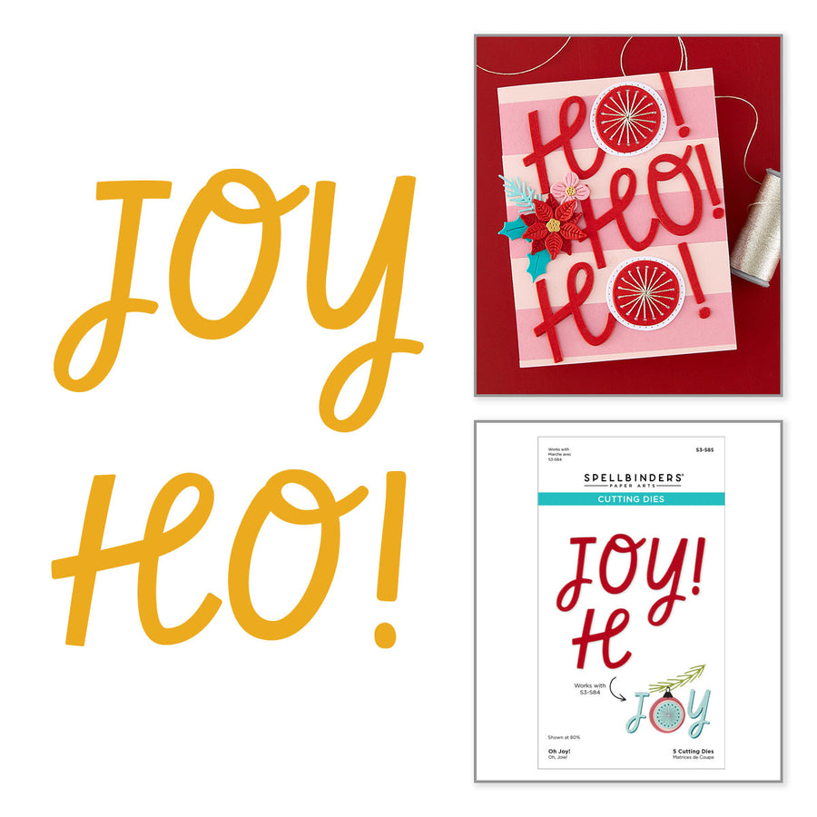 A collage showing a large yellow 'Joy HO!' script sample on the left, a small handmade greeting card with red 'HO! HO! HO!' lettering and decorative elements on the top right, and a Spellbinders package on the bottom right. Spellbinders Oh Joy! Etched Stitching Dies