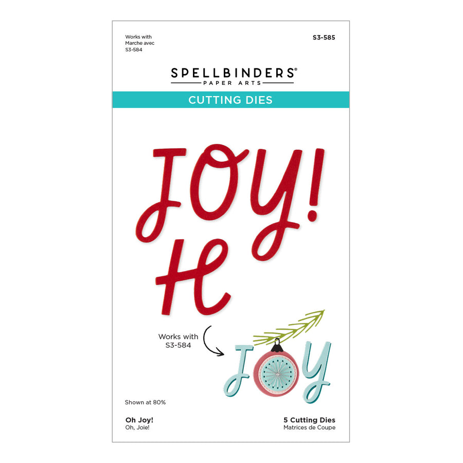 Spellbinders Paper Arts Cutting Dies package for S3-584, featuring the word 'JOY!' in red metal letters and a coordinating ornament-shaped 'O' in light blue, on a white background with teal header band. Spellbinders Oh Joy! Etched Stitching Dies