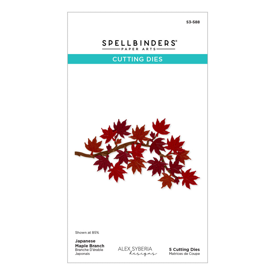 Spellbinders Paper Arts Cutting Dies packaging card, featuring a branch of red and burgundy maple leaves. The card is white with a teal banner and black text, showing the product code S2-588 and Alex Syberia Designs branding.
