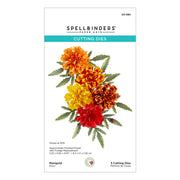 Spellbinders Paper Arts Cutting Dies package for Marigold, featuring a graphic of three finished marigold flowers in orange, yellow, and red with green leaves on a white background.