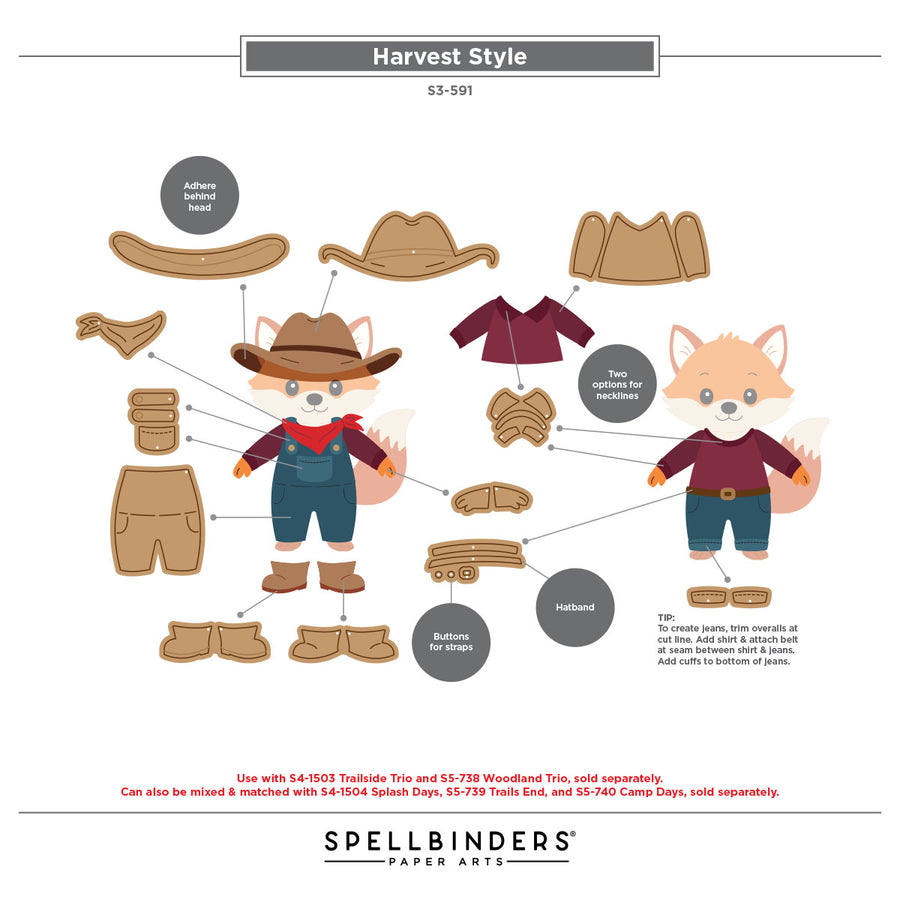 Papercraft style assembly guide for a Harvest Style, showing multiple paper cutout pieces arranged on a white background with labels, arrows, and two assembled doll examples. The brand Spellbinders Paper Arts appears at the bottom. Spellbinders Harvest Style Etched Dies by Allison Frazier