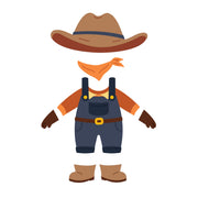 A flat vector illustration of a cowboy outfit on a white background, featuring a brown cowboy hat, orange bandana, blue overalls, brown gloves, and brown boots. Spellbinders Harvest Style Etched Dies by Allison Frazier