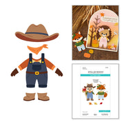 Flat illustration of a fall-themed character outfit with a cowboy hat, orange bandana, brown vest, blue overalls, orange sleeves, and brown boots, shown beside a small autumn card design and a Spellbinders pattern booklet cover. Spellbinders Harvest Style Etched Dies by Allison Frazier