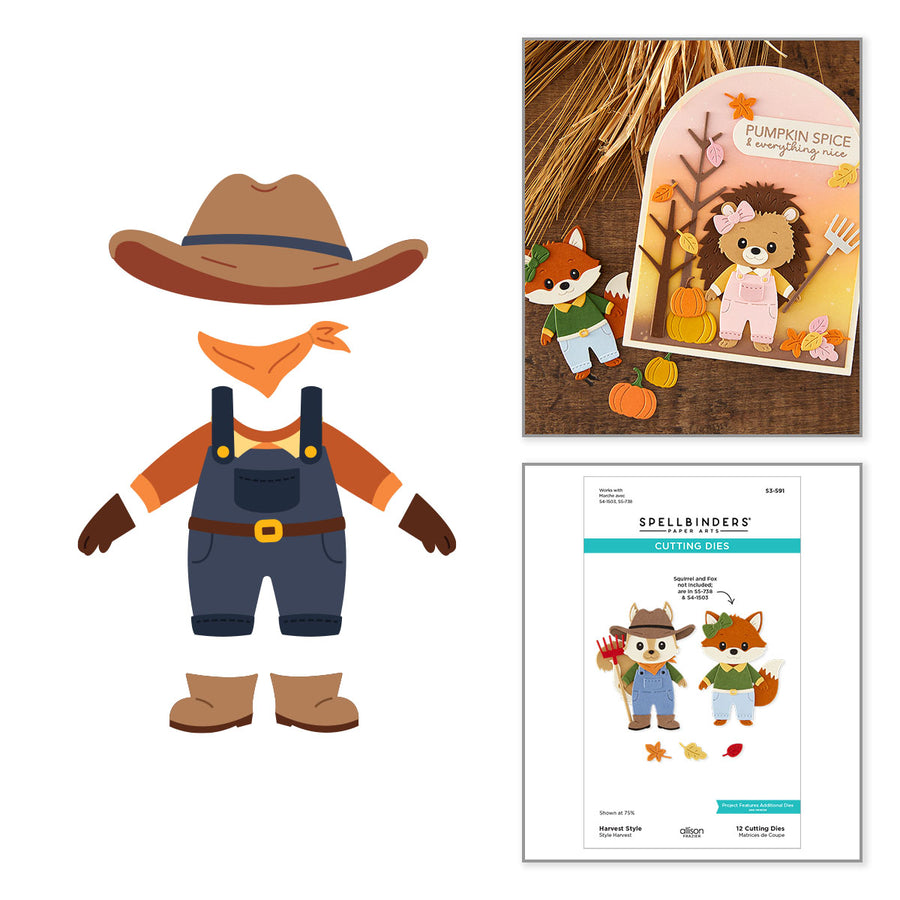 Flat illustration of a fall-themed character outfit with a cowboy hat, orange bandana, brown vest, blue overalls, orange sleeves, and brown boots, shown beside a small autumn card design and a Spellbinders pattern booklet cover. Spellbinders Harvest Style Etched Dies by Allison Frazier