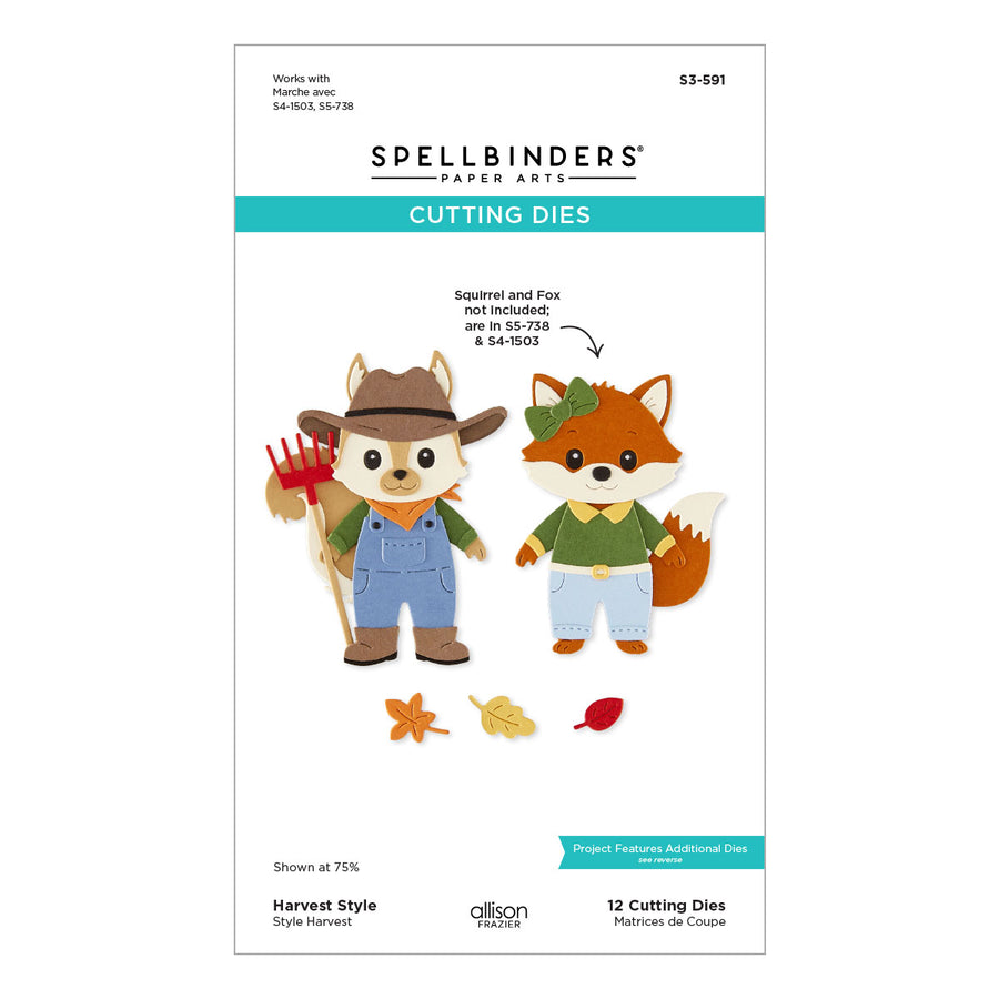 Spellbinders Paper Arts Cutting Dies package for 'Harvest Style', showing illustrated woodland animals in autumn clothing with small die icons and product text on a white background. Spellbinders Harvest Style Etched Dies by Allison Frazier