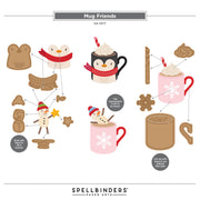 A flat vector illustration sheet titled 'Mug Friends' by Spellbinders Paper Arts, featuring Christmas-themed mug characters and holiday cookie shapes on a white background from the Spellbinders Mug Friends Etched Dies