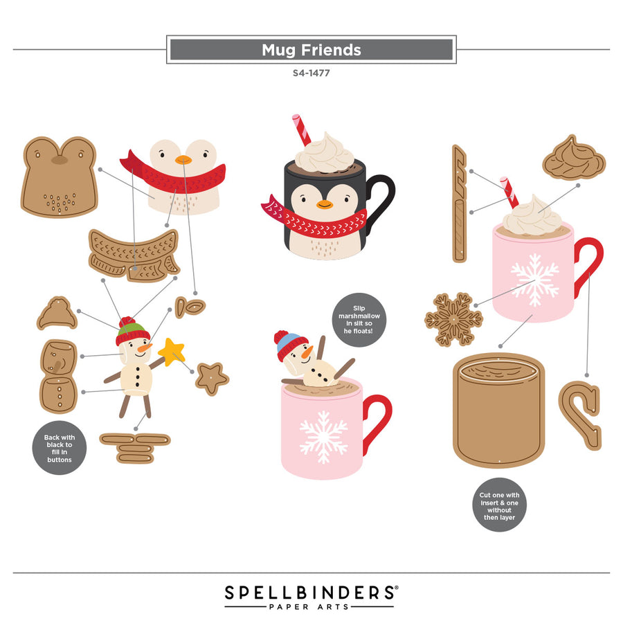A flat vector illustration sheet titled 'Mug Friends' by Spellbinders Paper Arts, featuring Christmas-themed mug characters and holiday cookie shapes on a white background from the Spellbinders Mug Friends Etched Dies