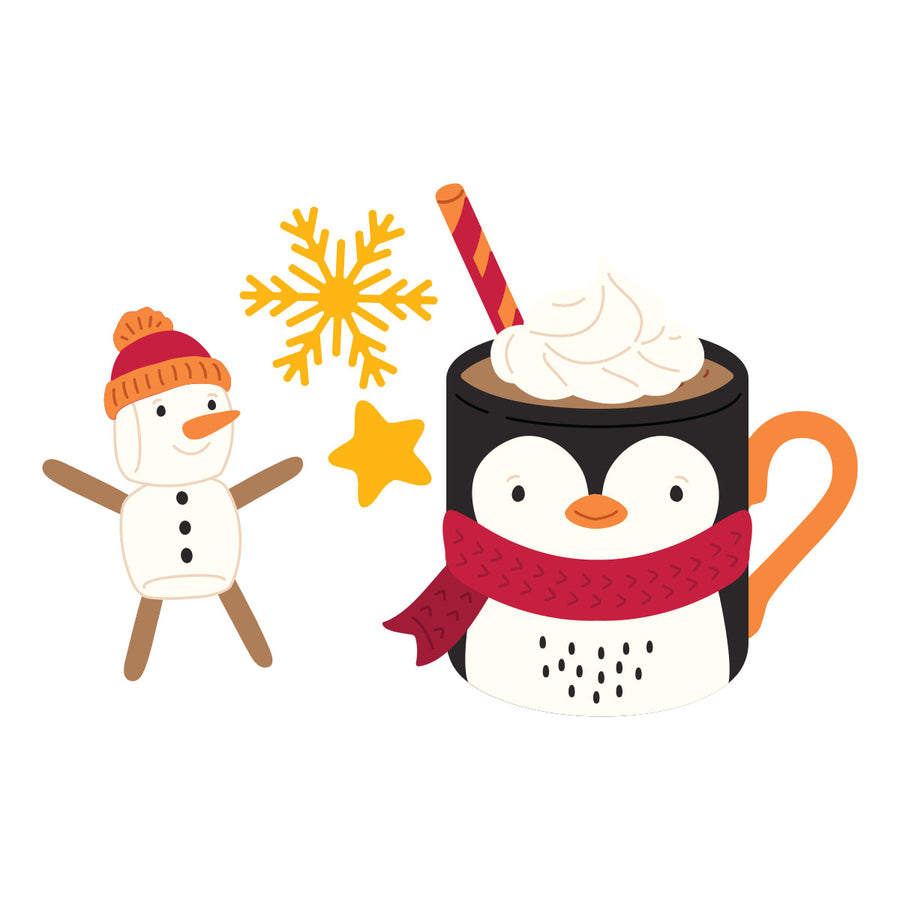 A festive winter illustration featuring a penguin-shaped mug wearing a red knit scarf, filled with a hot drink topped with whipped cream and a striped straw. A snowman wearing a red and orange hat stands beside the mug with yellow stars and a yellow snowflake around them on a plain white background. Spellbinders Mug Friends Etched Dies