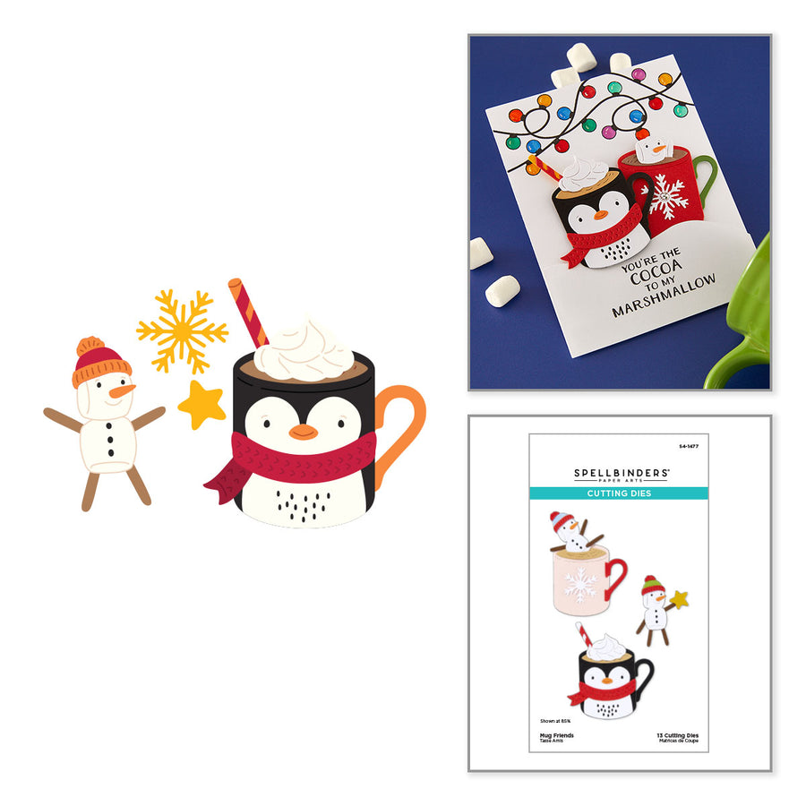 A collage showing a holiday-themed penguin and hot cocoa design on the left, plus two product packaging shots on the right: a white card with a penguin and cocoa illustration on a blue background, and a Spellbinders pattern package featuring the same penguin cocoa artwork. Spellbinders Mug Friends Etched Dies