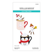 Spellbinders Paper Arts Cutting Dies package called Spellbinders Mug Friends Etched Dies featuring festive mug-themed dies, including a snowman in a pink mug and a penguin in a black mug, both wearing red scarves and hats.