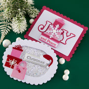 Two Christmas-themed handmade greeting cards on a green background with decorative using elements using Spellbinders Gift Boxes and Bags Etched Dies by Lisa Horton