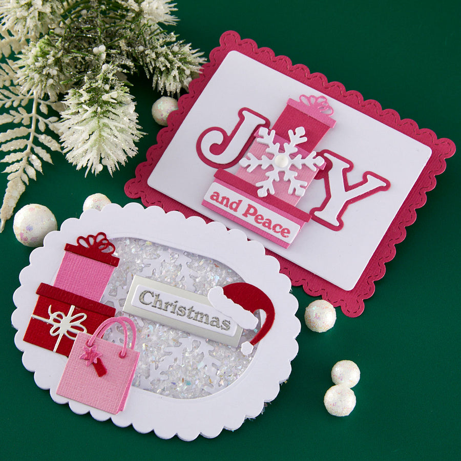 Two Christmas-themed handmade greeting cards on a green background with decorative using elements using Spellbinders Gift Boxes and Bags Etched Dies by Lisa Horton