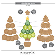 A flat lay craft pattern sheet titled 'Oh Christmas Stitch' by Spellbinders Paper Arts, showing a decorated Christmas tree made from layered green and yellow scalloped shapes, surrounded by brown scalloped and heart-shaped tree pieces with cut instructions.
