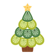 A stylized Christmas tree made from layered scalloped green and yellow-green shapes, topped with a yellow star, on a plain white background. Spellbinders Oh Christmas Stitch Etched Dies
