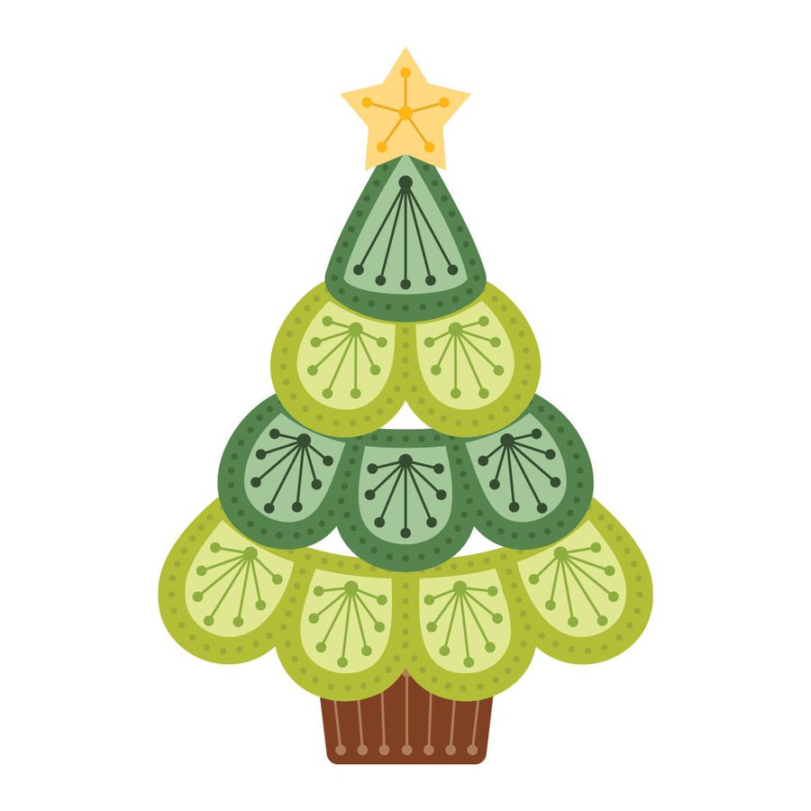 A stylized Christmas tree made from layered scalloped green and yellow-green shapes, topped with a yellow star, on a plain white background. Spellbinders Oh Christmas Stitch Etched Dies