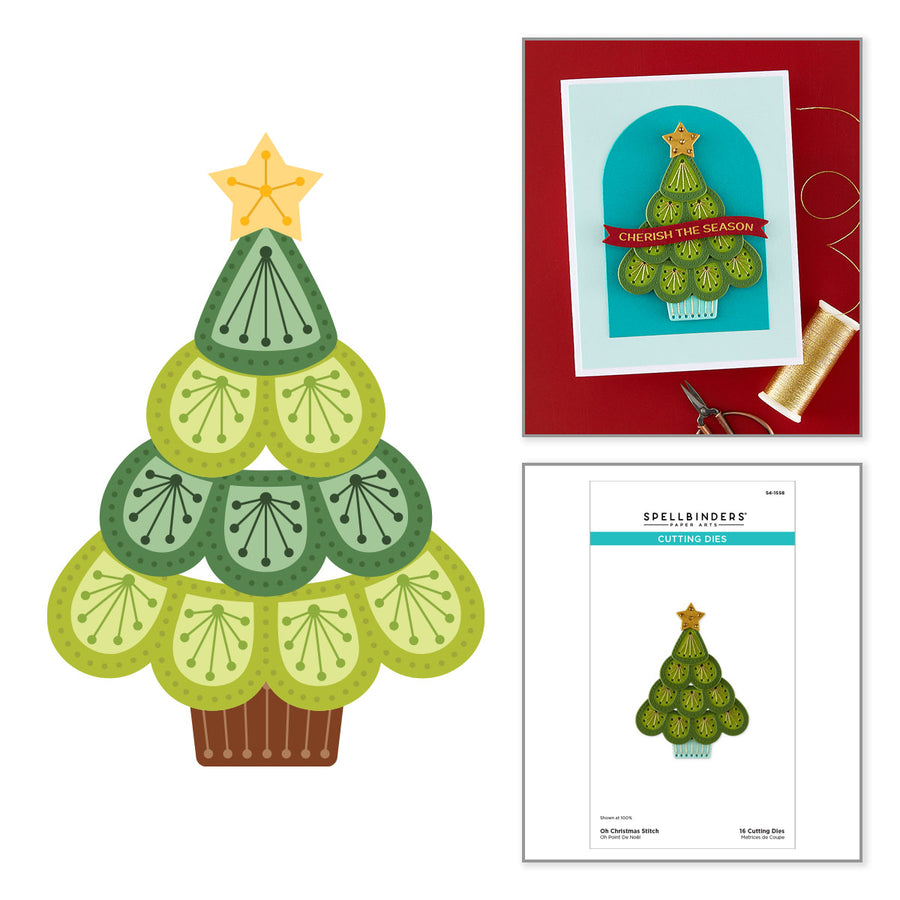 A Christmas tree-shaped craft design shown alongside a finished greeting card example and the Spellbinders 'Christmas Tree' stamp pattern booklet. The tree is layered in green and yellow-green tones with a brown base and a gold star on top. Spellbinders Oh Christmas Stitch Etched Dies