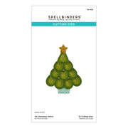 Spellbinders Paper Arts 'Oh Christmas Stitch' 16 cutting dies package, featuring a green Christmas tree design with a gold star on a white background. Spellbinders Oh Christmas Stitch Etched Dies