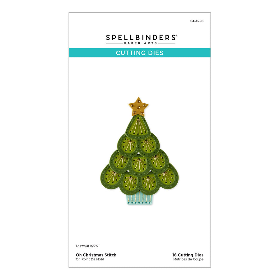 Spellbinders Paper Arts 'Oh Christmas Stitch' 16 cutting dies package, featuring a green Christmas tree design with a gold star on a white background. Spellbinders Oh Christmas Stitch Etched Dies