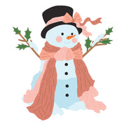 A cute cartoon snowman illustration wearing a black top hat with a pink bow, a brown scarf, and holding holly branches, shown on a plain white background.