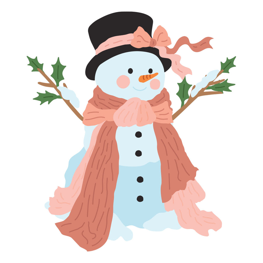 A cute cartoon snowman illustration wearing a black top hat with a pink bow, a brown scarf, and holding holly branches, shown on a plain white background.