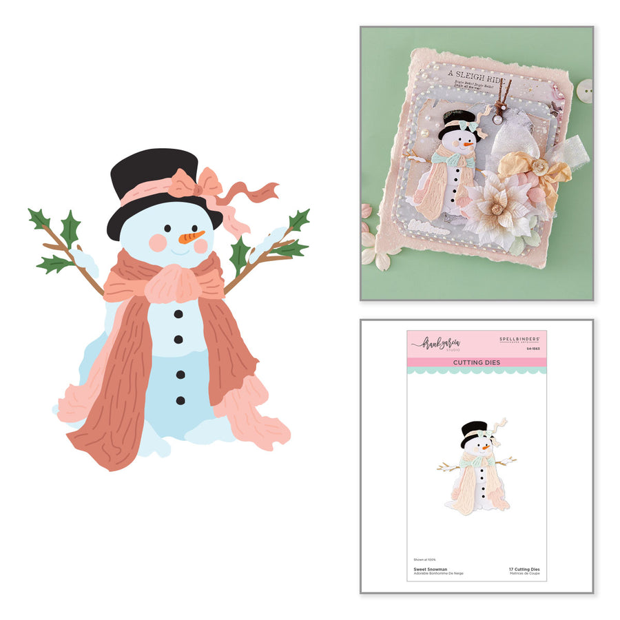 A collage showing a snowman illustration on the left and two product-related views on the right: a decorated card featuring a snowman and flowers, and a package of Sweet Snowman cutting dies with a snowman design. The overall image appears to promote a crafting die set rather than a standalone physical snowman product.